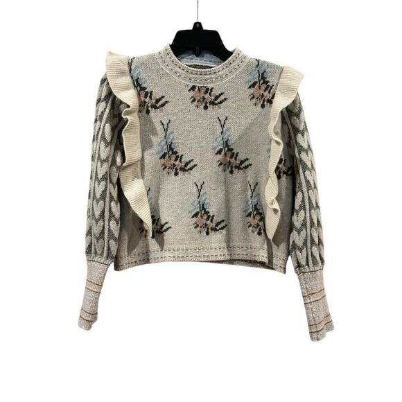 Sunday Up Sweaters - Sunday Up Floral Heart Ruffle Crewneck Knit Sweater Women’s Medium Cider